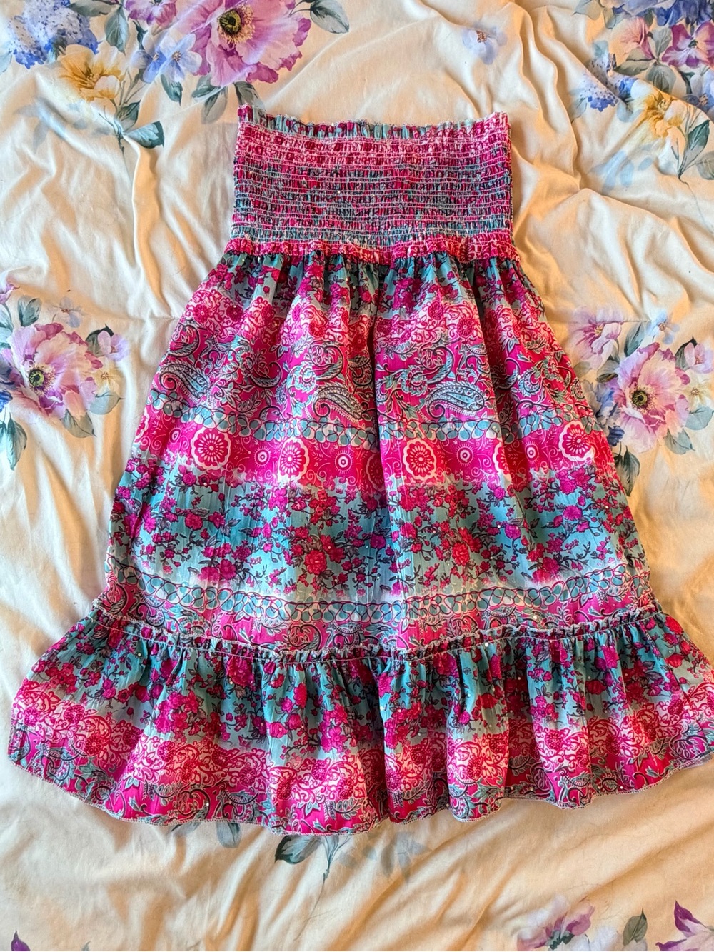 Squeeze Pink & Teal Floral Smocked Midi Skirt